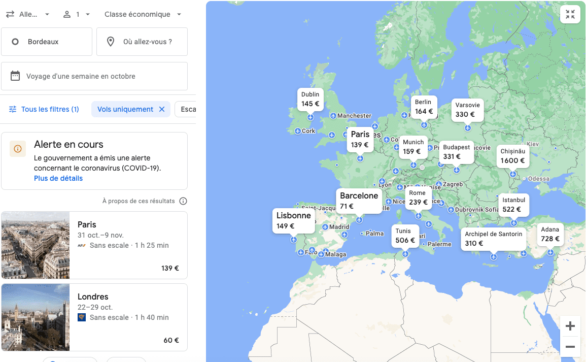 Carte des prix pas cher Google Flight